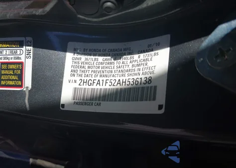 2010 Honda Civic Lx из США, поврежденный, VIN 2HGFA1F52AH536138